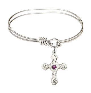 5 3/4 inch Oval Eye Hook Rhodium Bangle Bracelet with a Sterling Silver Cross charm. Engraved Catholic Saint Jewelry