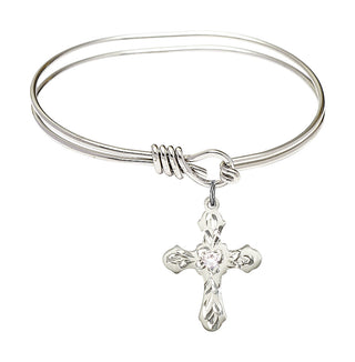 5 3/4 inch Oval Eye Hook Rhodium Bangle Bracelet with a Sterling Silver Cross charm. Engraved Catholic Saint Jewelry