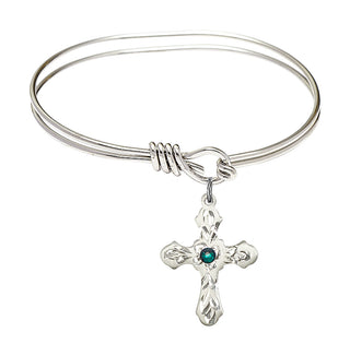 5 3/4 inch Oval Eye Hook Rhodium Bangle Bracelet with a Sterling Silver Cross charm. Engraved Catholic Saint Jewelry
