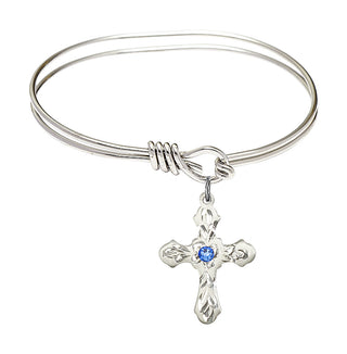 5 3/4 inch Oval Eye Hook Rhodium Bangle Bracelet with a Sterling Silver Cross charm. Engraved Catholic Saint Jewelry