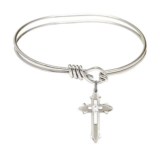 5 3/4 inch Oval Eye Hook Rhodium Bangle Bracelet with a Sterling Silver Cross on Cross charm. Engraved Catholic Saint Jewelry