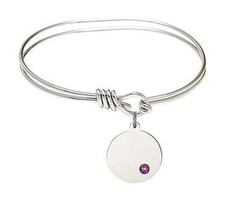 5 3/4 inch Oval Eye Hook Rhodium Bangle Bracelet with a Sterling Silver Plain Disc charm.