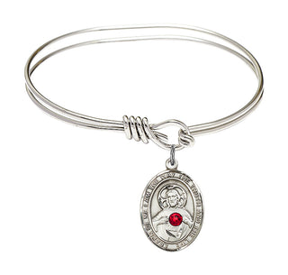 5 3/4 inch Oval Eye Hook Rhodium Bangle Bracelet with a Sterling Silver Scapular charm.