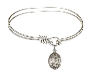 5 3/4 inch Oval Eye Hook Rhodium Bangle Bracelet with a Sterling Silver Saint Albert the Great charm. Engraved Catholic Saint Jewelry