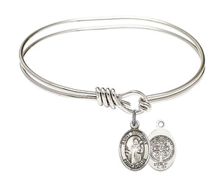 5 3/4 inch Oval Eye Hook Rhodium Bangle Bracelet with a Sterling Silver Saint Benedict charm.