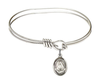 5 3/4 inch Oval Eye Hook Rhodium Bangle Bracelet with a Sterling Silver Saint Frances Cabrini charm. Engraved Catholic Saint Jewelry