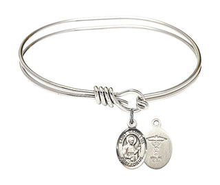 5 3/4 inch Oval Eye Hook Rhodium Bangle Bracelet with a Sterling Silver Saint Camillus of Lellis/Doctors charm.