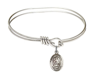 5 3/4 inch Oval Eye Hook Rhodium Bangle Bracelet with a Sterling Silver Saint Charles Borromeo charm. Engraved Catholic Saint Jewelry