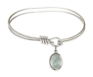 5 3/4 inch Oval Eye Hook Rhodium Bangle Bracelet with a Sterling Silver Saint Christopher charm. Engraved Catholic Saint Jewelry