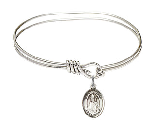 5 3/4 inch Oval Eye Hook Rhodium Bangle Bracelet with a Sterling Silver Saint Dennis charm. Engraved Catholic Saint Jewelry