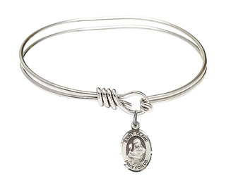 5 3/4 inch Oval Eye Hook Rhodium Bangle Bracelet with a Sterling Silver Saint Clare of Assisi charm. Engraved Catholic Saint Jewelry