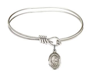 5 3/4 inch Oval Eye Hook Rhodium Bangle Bracelet with a Sterling Silver Saint Dymphna charm. Engraved Catholic Saint Jewelry