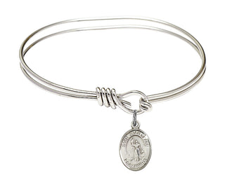 5 3/4 inch Oval Eye Hook Rhodium Bangle Bracelet with a Sterling Silver Saint Joan of Arc charm. Engraved Catholic Saint Jewelry