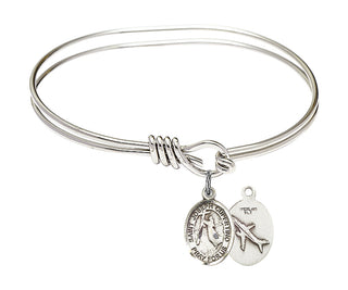 5 3/4 inch Oval Eye Hook Rhodium Bangle Bracelet with a Sterling Silver Saint Joseph of Cupertino charm.