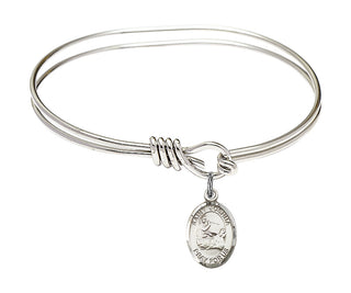 5 3/4 inch Oval Eye Hook Rhodium Bangle Bracelet with a Sterling Silver Saint Joshua charm. Engraved Catholic Saint Jewelry