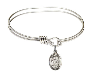 5 3/4 inch Oval Eye Hook Rhodium Bangle Bracelet with a Sterling Silver Saint Jude Thaddeus charm. Engraved Catholic Saint Jewelry