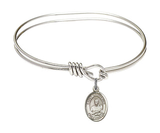 5 3/4 inch Oval Eye Hook Rhodium Bangle Bracelet with a Sterling Silver Saint Lawrence charm. Engraved Catholic Saint Jewelry