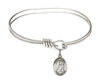 5 3/4 inch Oval Eye Hook Rhodium Bangle Bracelet with a Sterling Silver Saint Lucia of Syracuse charm. Engraved Catholic Saint Jewelry