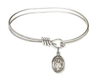 5 3/4 inch Oval Eye Hook Rhodium Bangle Bracelet with a Sterling Silver Saint Kilian charm. Engraved Catholic Saint Jewelry