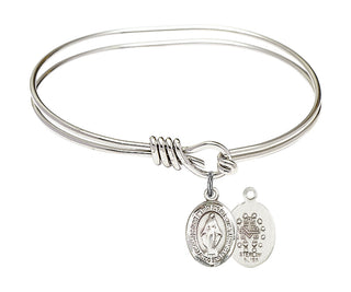 5 3/4 inch Oval Eye Hook Rhodium Bangle Bracelet with a Sterling Silver Miraculous charm. Engraved Catholic Saint Jewelry