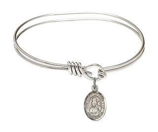 5 3/4 inch Oval Eye Hook Rhodium Bangle Bracelet with a Sterling Silver Our Lady of Loretto charm. Engraved Catholic Saint Jewelry