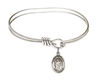 5 3/4 inch Oval Eye Hook Rhodium Bangle Bracelet with a Sterling Silver Saint Patrick charm. Engraved Catholic Saint Jewelry
