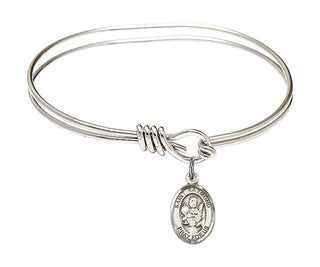 5 3/4 inch Oval Eye Hook Rhodium Bangle Bracelet with a Sterling Silver Saint Raymond Nonnatus charm. Engraved Catholic Saint Jewelry
