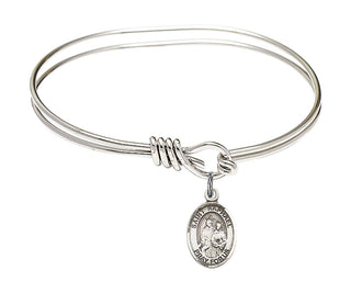 5 3/4 inch Oval Eye Hook Rhodium Bangle Bracelet with a Sterling Silver Saint Raphael the Archangel charm. Engraved Catholic Saint Jewelry