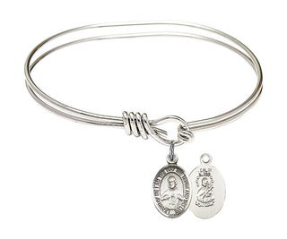 5 3/4 inch Oval Eye Hook Rhodium Bangle Bracelet with a Sterling Silver Scapular charm. Engraved Catholic Saint Jewelry