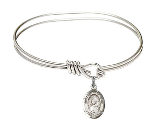 5 3/4 inch Oval Eye Hook Rhodium Bangle Bracelet with a Sterling Silver Our Lady of la Vang charm. Engraved Catholic Saint Jewelry