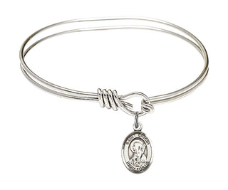 5 3/4 inch Oval Eye Hook Rhodium Bangle Bracelet with a Sterling Silver Saint Brigid of Ireland charm. Engraved Catholic Saint Jewelry