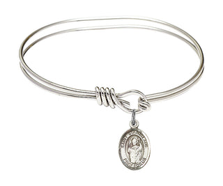 5 3/4 inch Oval Eye Hook Rhodium Bangle Bracelet with a Sterling Silver Saint Stanislaus charm. Engraved Catholic Saint Jewelry