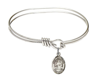 5 3/4 inch Oval Eye Hook Rhodium Bangle Bracelet with a Sterling Silver Saint Walburga charm. Engraved Catholic Saint Jewelry