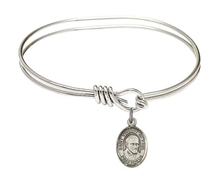 5 3/4 inch Oval Eye Hook Rhodium Bangle Bracelet with a Sterling Silver Saint Vincent de Paul charm. Engraved Catholic Saint Jewelry