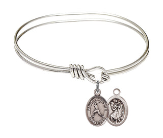 5 3/4 inch Oval Eye Hook Rhodium Bangle Bracelet with a Sterling Silver Saint Christopher/Baseball charm.