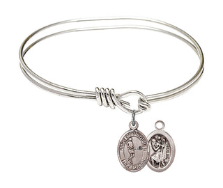5 3/4 inch Oval Eye Hook Rhodium Bangle Bracelet with a Sterling Silver Saint Christopher/Tennis charm.