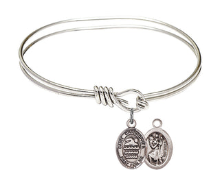5 3/4 inch Oval Eye Hook Rhodium Bangle Bracelet with a Sterling Silver Saint Christopher/Swimming charm.