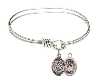 5 3/4 inch Oval Eye Hook Rhodium Bangle Bracelet with a Sterling Silver Saint Christopher/Wrestling charm.