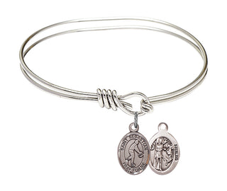 5 3/4 inch Oval Eye Hook Rhodium Bangle Bracelet with a Sterling Silver Saint Sebastian/Basketball charm.
