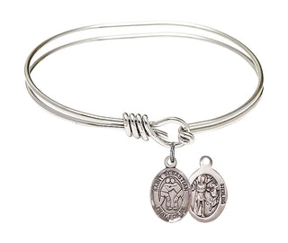 5 3/4 inch Oval Eye Hook Rhodium Bangle Bracelet with a Sterling Silver Saint Sebastian/Wrestling charm.