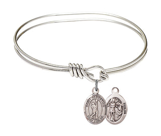 5 3/4 inch Oval Eye Hook Rhodium Bangle Bracelet with a Sterling Silver Saint Sebastian/Lacrosse charm.