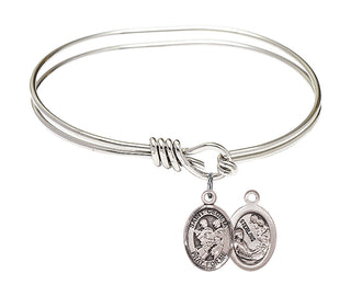 5 3/4 inch Oval Eye Hook Rhodium Bangle Bracelet with a Sterling Silver Saint Cecilia / Marching Band charm.