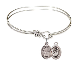 5 3/4 inch Oval Eye Hook Rhodium Bangle Bracelet with a Sterling Silver Saint Sebastian / Fishing charm.