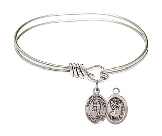 5 3/4 inch Oval Eye Hook Rhodium Bangle Bracelet with a Sterling Silver Saint Sebastian / Archery charm.