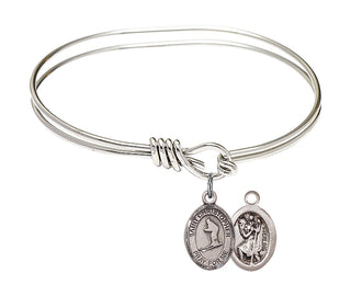 5 3/4 inch Oval Eye Hook Rhodium Bangle Bracelet with a Sterling Silver Saint Christopher / Skiing charm.