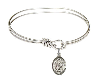 5 3/4 inch Oval Eye Hook Rhodium Bangle Bracelet with a Sterling Silver Saint Martin of Tours charm. Engraved Catholic Saint Jewelry