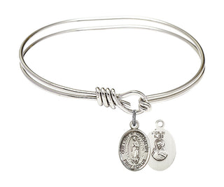 5 3/4 inch Oval Eye Hook Rhodium Bangle Bracelet with a Sterling Silver Our Lady of Guadalupe charm. Engraved Catholic Saint Jewelry