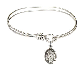 5 3/4 inch Oval Eye Hook Rhodium Bangle Bracelet with a Sterling Silver Saint Maria Goretti charm. Engraved Catholic Saint Jewelry