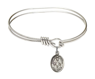 5 3/4 inch Oval Eye Hook Rhodium Bangle Bracelet with a Sterling Silver Saint Nino de Atocha charm. Engraved Catholic Saint Jewelry