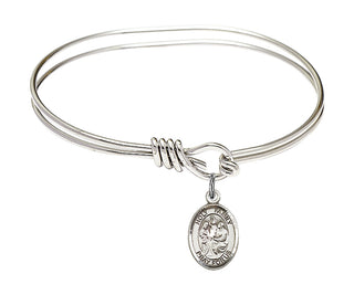5 3/4 inch Oval Eye Hook Rhodium Bangle Bracelet with a Sterling Silver Holy Family charm. Engraved Catholic Saint Jewelry
